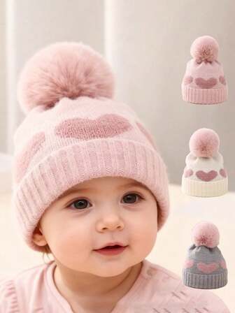 1 Piece Winter Baby Hat, Double-Layer Thick Cute Jacquard Love Knitted Hat, Newborn Beanie, Suitable For Daily Outings Winter Cap