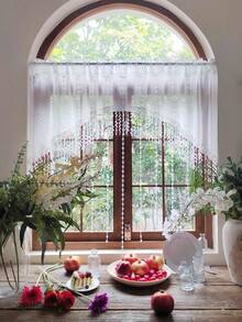 1pc Beaded Arched Lace Door Curtain Valance With Tassel White Pompoms Pattern Princess Style Sheer Short Cafe Curtain For Kitchen Bathroom Window Rod Pocket Top - White - View 7