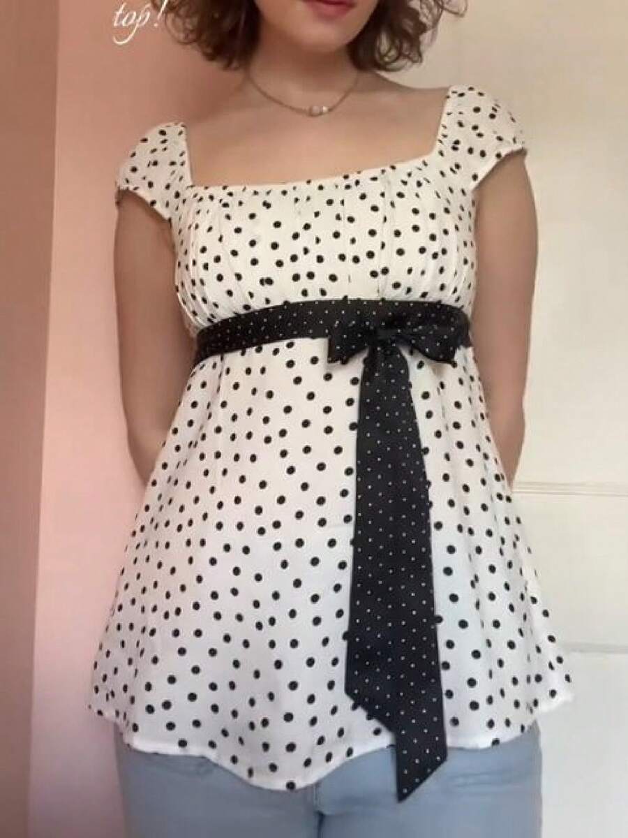 Women Fairy Grunge Y2k Babydoll Shirt Cap Sleeve Micro Polka Dot Tie Back Flowy Babydoll Top Preppy Clothes - 白色 - 查看 1