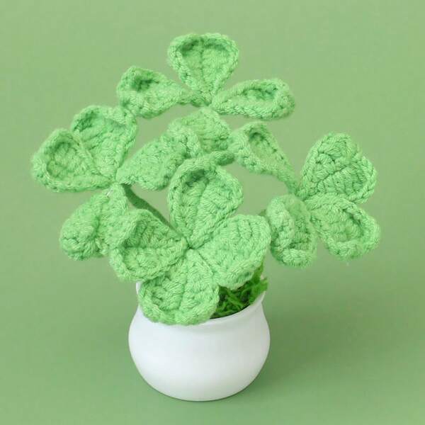 1pc Handmade Clover Potted Plant, Faux Knitted Woven Green Plant Decor, Shapeable Wire Stem, Suitable For Office Desk/Home Decor/Car Interior/Healing Craft, Evergreen Decoration