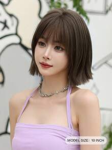 NAMM 10 英寸时尚棕色短款直发假发，带刘海，优质丝滑合成耐热服装假发，适合日常佩戴、学校和音乐节庆祝活动使用 - 角色扮演服装假发 - 樱花庆典华丽派对街头服饰摄影 - 女孩礼物假发配件