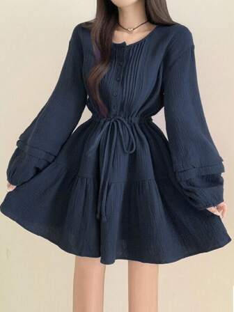 2025 Spring/Autumn Button-Up Waist Tie Waist Long Sleeve Short Dress For Women