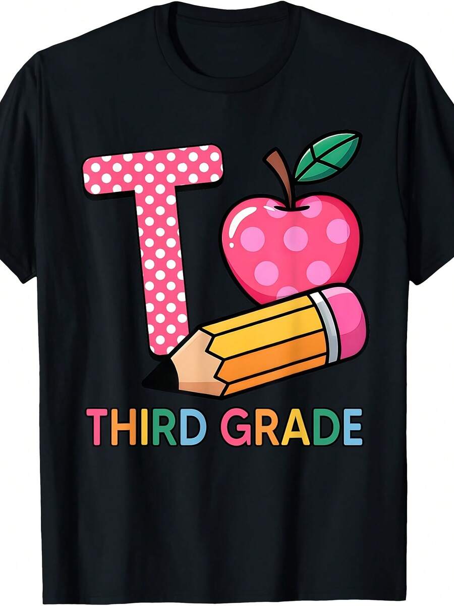 T Is For Third Grade Teacher Pencil Apple Back To School T-Shirt - 款式26 - 查看 1