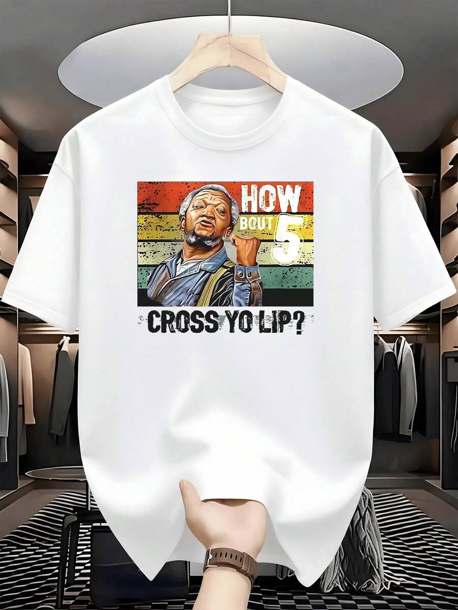 Graphic With A Man Raising His Hand In A Warning Sign Over Colored Stripes That Convey A Message Of Self-Defense And A Firm Attitude. 100% Cotton Men's T-Shirt, Comfortable And Durable For Daily Use. - 白色 - 查看 1