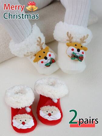 2 双婴儿圣诞老人驯鹿装饰中筒袜，保暖内衬厚防滑地板袜，冬季保暖，适合节日庆祝和日常穿着