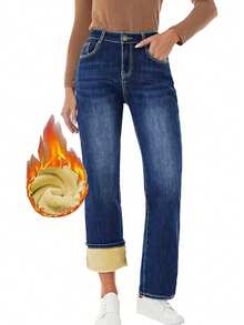 Leggings de mezclilla lavada para mujer de otoño e invierno talla grande pantalones con forro polar, pantalones gruesos y cálidos con forro polar de otoño e invierno, adecuados para ropa de temporada de otoño e invierno al aire libre y en la escuela