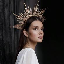 YP Sunburst Spike Sun Crown - Moon Star Greek Godd Sier Halo Headband With Tassel Virgin Mary Headpiece For Women - BWhite - 查看 4