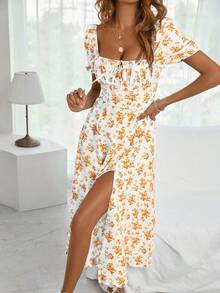 Women's Floral Print Square Neck Dress French Split Hem Dresses Elegant And Sexy - 橘色 - 查看 5
