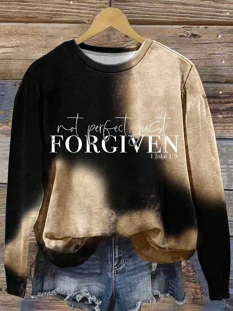 Sudadera de cuello redondo con estampado degradado y texto en inglés para tallas grandes - Albaricoque - Añade 4