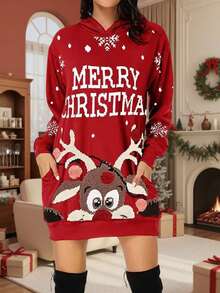 Women Christmas Cute Deer Pattern Hooded Long Sleeve Tunic Sweatshirt, Versatile Sweatshirt Dress, Autumn