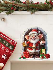 1 PIEZA Pegatina de arco de piedra 3D navideño - Adhesivo de Papá Noel chef cocinando con acentos de cristal para decoración de ventana de cocina, vinilo semi mate para superficies, forma decoración festiva de chimenea y puerta