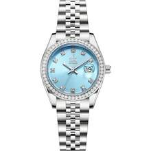 SHENGKE Women's Crystal Accented With Solid Alloy Steel Band Watch Elegant Dress Quartz Calendar Watches For Women - 銀色&天藍色 - 查看 8