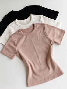 Kit 3 Short Sleeve Ribbed Blouses For Women, Basic, Elegant, Summer - Nude/White/Black - View 1