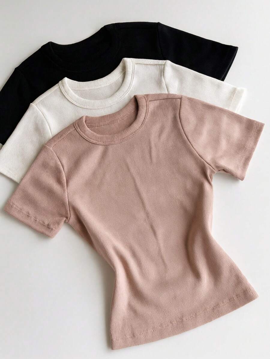 Kit 3 Short Sleeve Ribbed Blouses For Women, Basic, Elegant, Summer - Nude/White/Black - View 1