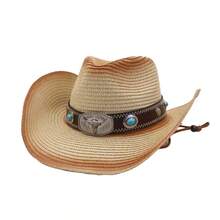 1 pieza Sombrero de paja tipo Panamá casual y bohemio con bloques de color, protección UV y a prueba de viento, versátil para hombres y mujeres, para todas las estaciones