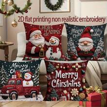 4 piezas Fundas de cojín impresas en terciopelo 2D con diseños navideños de Papá Noel, renos y árbol de Navidad, de 18" X 18", adecuadas para sala de estar, dormitorio, sofá, cama, decoración exterior. No incluye relleno de cojín (no es bordado real)