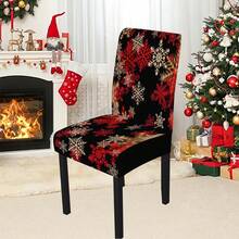 1/4/5/6/7/36 piezas Juego de fundas de silla/asiento con estampado de copos de nieve blancos y rojos para Navidad, adecuado para uso en interiores del hogar, restaurante, hotel, opción ideal para decoración diaria moderna. La mantequilla encaja en mesas de comedor cuadradas, las fundas de silla elásticas son lavables.