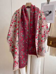 1 Khăn choàng/khăn choàng ấm áp bằng vải cashmere giả jacquard họa tiết hoa và cây thanh lịch, đa năng cho phụ nữ, thích hợp cho mùa thu/đông, phối đồ hàng ngày và trang trí cho trang phục - kaki đỏ - Xem 5