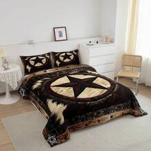 Erosebridal Highland Cow Comforter Set - Farmhouse Cowhide Bedding Sets, Western Texas Star Bed Set, Rustic Wooden Fur Quilt Set For Bedroom Decor - Soft Microfiber - 棕色 - 查看 2
