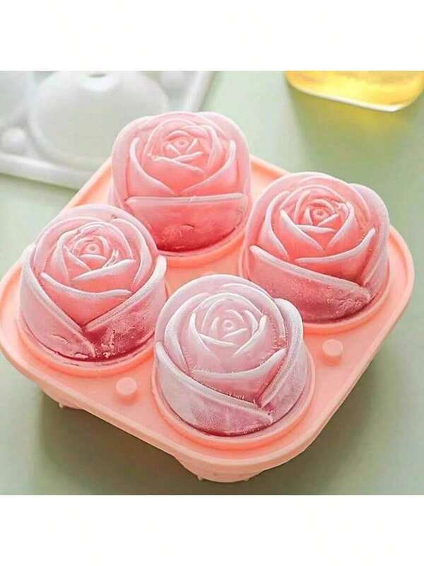 1pc (Large/Small Size) Rose Shaped Silicone Cute Ice Cube Tray Mold, Suitable For Home, Outdoor, Bar, Restaurant, 4-Cavity Rose Ice Mold, Multipurpose For Whiskey, Cocktails, Beverages, Desserts, Iced Tea And Coffee