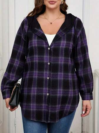 Plus Size Women Plaid Hooded Button-Up Shirt, Long Sleeve, Dropped Shoulder, Woven Fabric, Regular Length