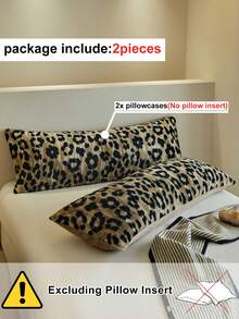 2pcs Khaki Leopard Pattern Print Faux Rabbit Fleece Pillowcases, Modern Luxury Decorative Pillow Shams For Winter, Long Pillowcases For Bed, Soft, Warm, Machine Washable, No Pillow Insert