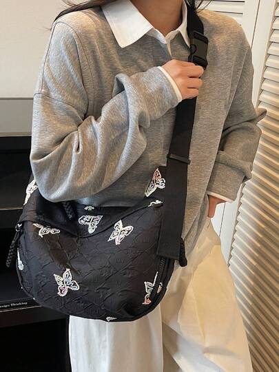 حقيبة كتف مطرزة بالفراشات عصرية، حقيبة كروس بألوان متباينة متعددة الاستخدامات، حقيبة تحمل أنيقة، مناسبة للطلاب الجامعيين والأنشطة الخارجية والتنقل للعمل