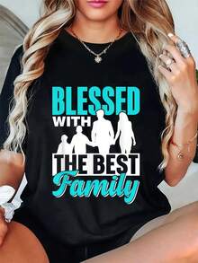 Camiseta 100% algodón "Bendecido con la mejor familia" para reunión familiar, vacaciones de verano, ajuste relajado, comodidad clásica, para mujeres y hombres - Negro - Ver 1