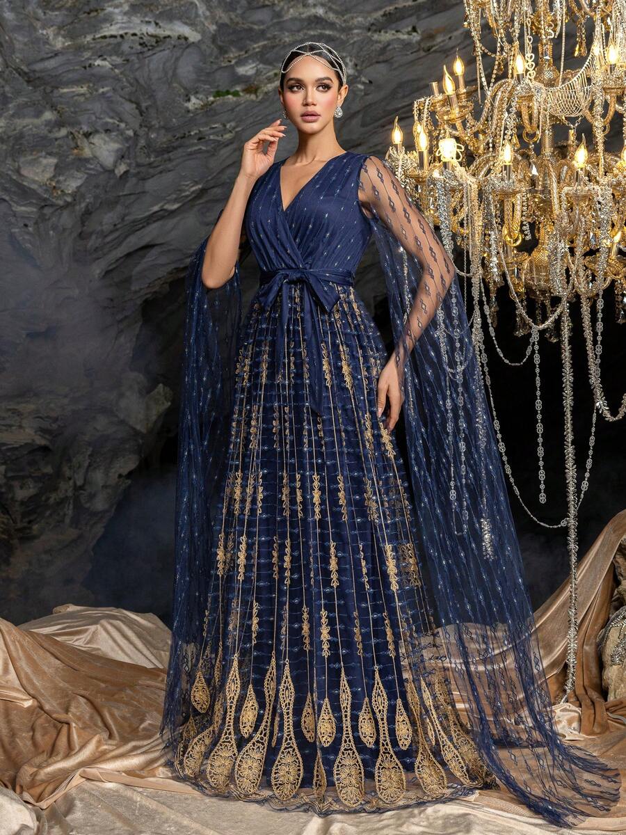 Style ​Luxurious Embroidered Evening Gown With Transparent Tulle Sleeves – Perfect For Gala Dinners, Wedding Receptions, Red-Carpet Events & Charity Galas - Navy Blue - View 1