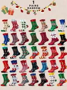 1 paire/5 paires/10 paires/15 paires/20 paires Chaussettes de costume de fête de Noël édition limitée aléatoire avec Père Noël, renne, flocon de neige, sapin de Noël. Chaussettes mode mignonnes et amusantes pour hommes, femmes, enfants. Chaussettes mi-mollet douces, confortables et chaudes pour l'école, la fête, la décoration de la maison - Multicolore - Voir 15