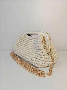 Handmade Woven Clutch Clip Closure Shoulder Bag Women's Fashionable Cute Makeup Bag Portable Hand Held Purse Versatile Iridescent Yarn Crochet Evening Bag - Multicolor - View 8