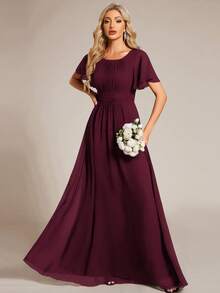 女士优雅圆领高腰褶皱雪纺长款伴娘礼服正式婚礼春季礼服 - 酒紅色 - 查看 4