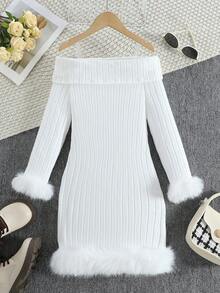 Gaun Rajut Lengan Panjang Kasual Model Off Shoulder untuk Anak Perempuan Remaja, Desain Manset & Hem Berbulu, Cocok untuk Pesta, Acara Kumpul-kumpul, Musim Gugur/Dingin, Dapat Dicuci dengan Mesin - Putih - View 2