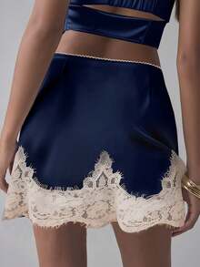 Women's Lace-Trimmed Satin Mini Skirt, Elegant Solid Color A-Line Short Skirt, Party Club Skirt, Evening Wear, Daily Street Wear, Date Vacation Wear - 藍色 - 查看 2