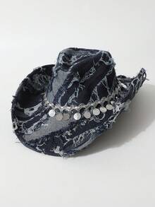 1 peça chapéu jeans vintage desbotado feminino, chapéu de cowboy jeans, chapéu de jazz, chapéu panamá, adequado para festivais de música, eventos temáticos de cowboy do oeste, festas retrô, cosplay, noites de fantasia, bailes de fim de ano, despedidas de solteiro, comemorações de aniversário, apresentações no palco, todas as estações - cartola - Ver 10