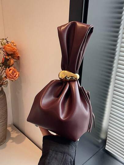 حقيبة يد من جلد البولي يوريثان بلون أحادي قطعة واحدة، تصميم أنكورا باللون البرغندي، حقيبة سحابة مصغرة مطوية للنساء مع زخرفة معدنية وسحاب إغلاق، مناسبة للاستخدام اليومي والخارجي