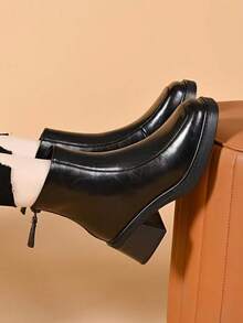 British Style Boots For Girl, New Autumn/Winter Platform Square Toe Chunky Heel Ankle Boots, Retro Chelsea Short Boots - Black - View 3