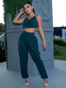 Bộ 2 món áo crop top hở lưng gợi cảm thời trang dành cho nữ và quần - Màu xanh lá cây đậm - Xem 4