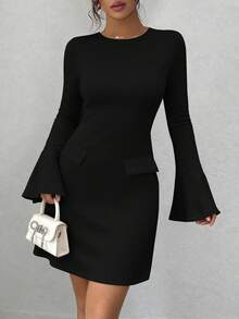 PRETTYGARDEN Women's Long Sleeve Elegant  Mini Dress Fall Bodycon Mock Neck Elegant Business Work Party Short Dresses New Years Valentine Vacation - 黑色 - 查看 3
