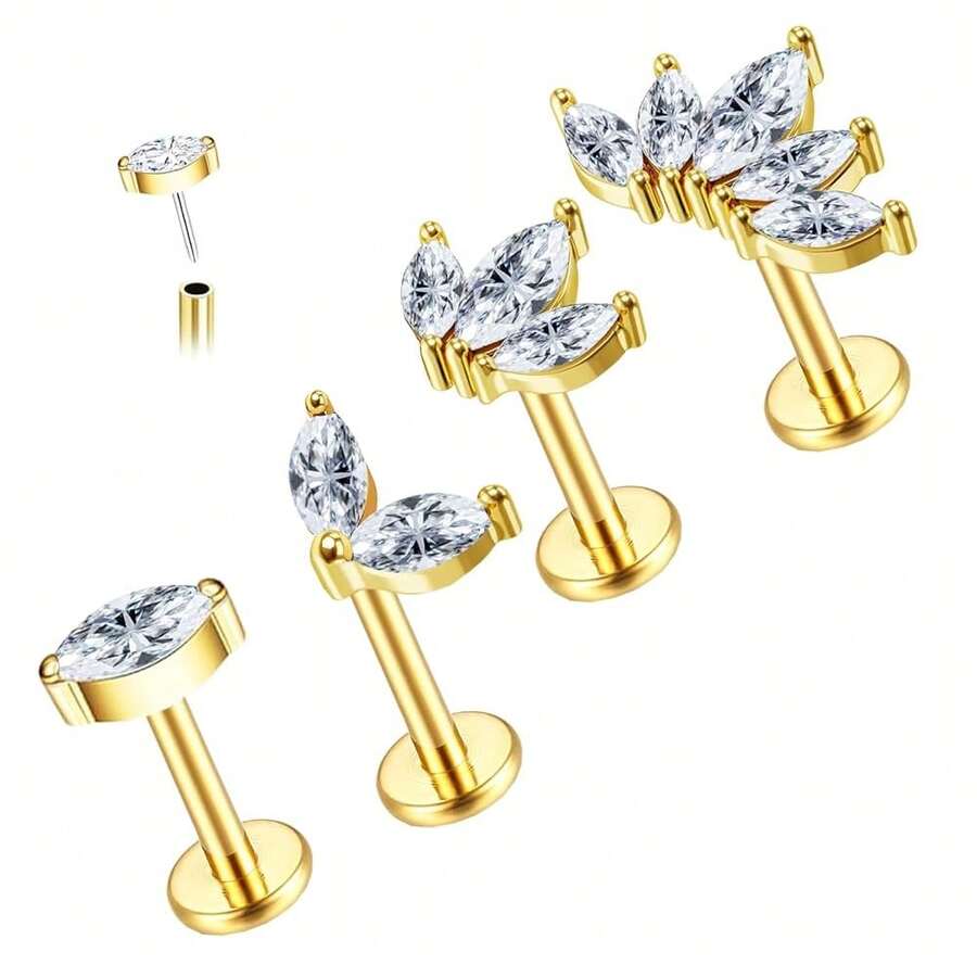 2~4PCS 16G 316L Pushin Lip Rings Butterfly And Bee Nose Stud Rings Top Push In Threadless Surgical Steel Flat Back Nose Rings Studs For Womens{"Color_name":"Gold-B"} - Gold-b - View 1