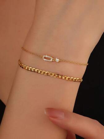 2pcs S925 Sterling Silver Cubic Zirconia Combination Bracelet, Fashionable Minimalist For Daily Wear, Jewelry Gift For Holidays