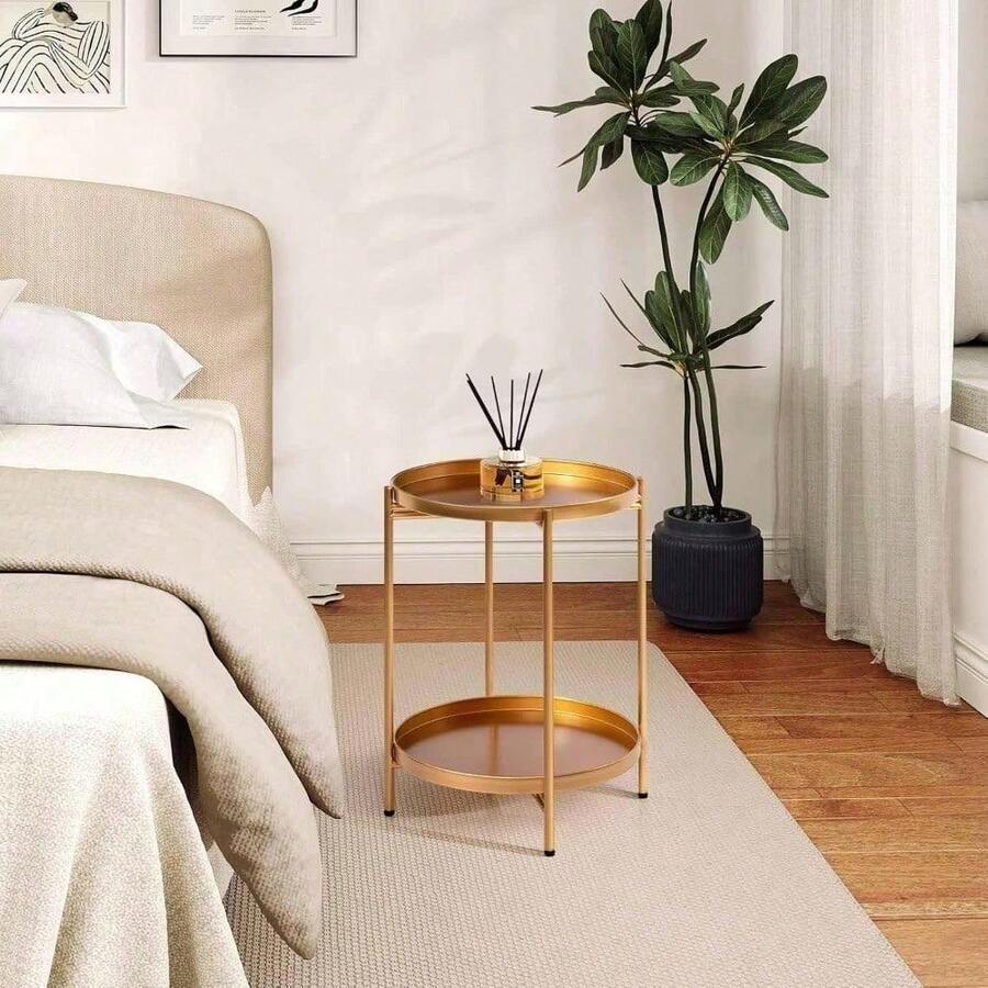 Round Side Table With 2-Tier Storage Modern Metal End Table With Removable Tray Small Coffee Table For Living Room Bedroom Balcony Patio - Gold - View 1