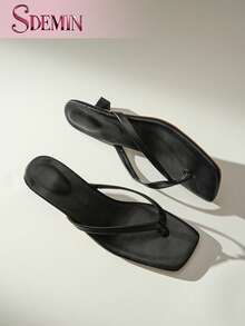 SDEMIN Summer New Arrival Women's Solid Color Slippers, Elegant Vacation Shoes, Casual Beach High Heels Sandals, Fashionable Easy-On Heels For Dress - 黑色 - 查看 1