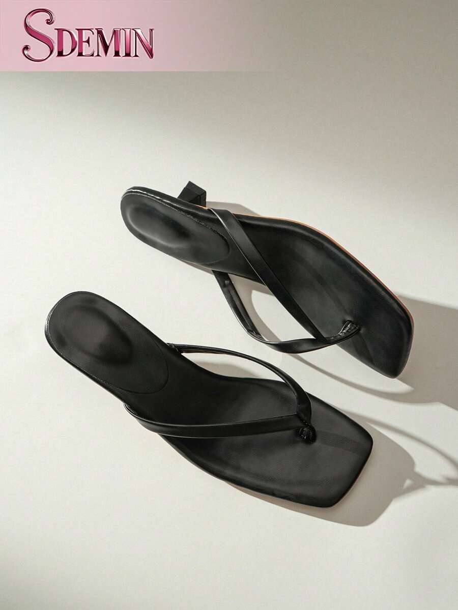 SDEMIN Summer New Arrival Women's Solid Color Slippers, Elegant Vacation Shoes, Casual Beach High Heels Sandals, Fashionable Easy-On Heels For Dress - 黑色 - 查看 1