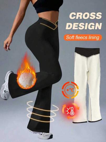 1 Quần ống loe chéo eo lót nhiệt thời trang thu đông dành cho nữ, quần legging bó ấm áp thời trang cổ điển, lớp lót giữ nhiệt dày, thích hợp mặc với quần bó thể thao ngoài trời