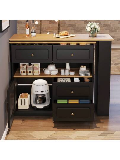 Moderne Bar Tafel Extendable, Rotatable 360 Degrees, Shelves Drawers, High Kitchen Isl Sideboard Cabinet Glass, Dining Room Living view 6