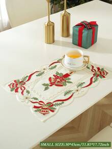 1pc Polyester Mesh Fabric Christmas Table Runner With Chain Embroidery, Christmas Flowers, Candles, Bells And Other Christmas Elements, European Style, Suitable For Kitchen, Dining Table, Desk, Coffee Table, Cabinet, Home Decor, Indoor & Outdoor, Party, Wedding Decorations, Multiple Sizes Available