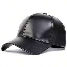 1pc Men's Pu Baseball Cap Solid Color Adjustable Sun Protection Leisure Hat, Suitable For Spring And Autumn Travel, Beach Party Casual - Black - View 7