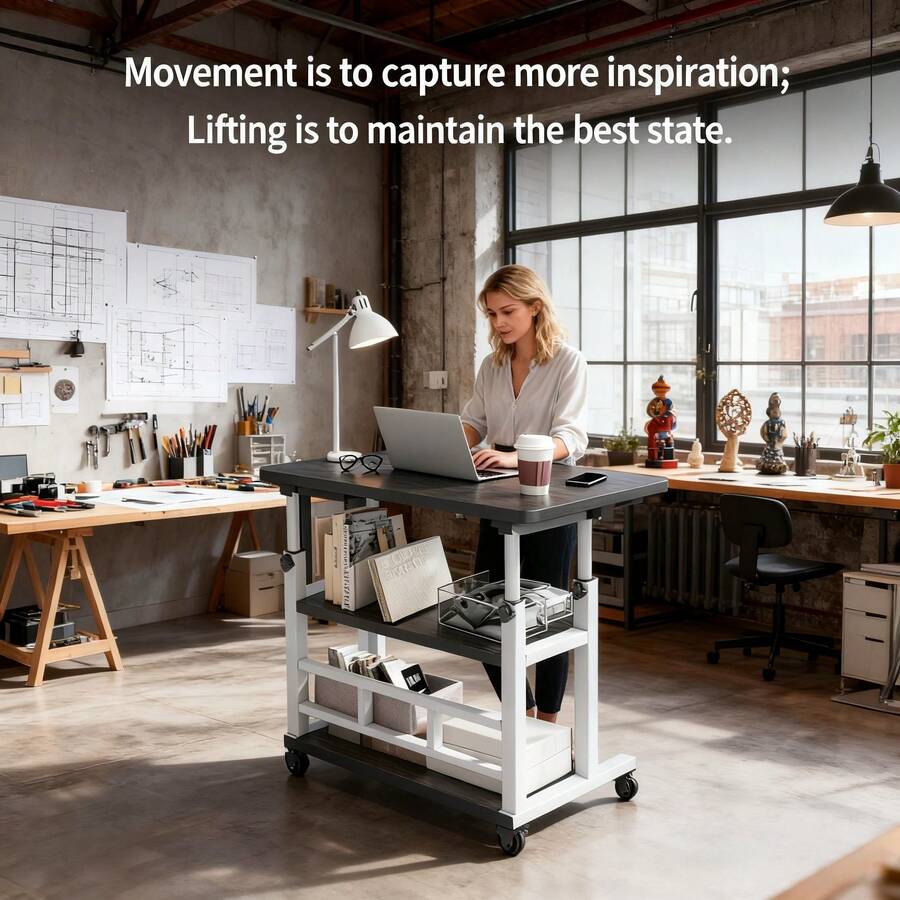 Black/Multifunctional Standing Desk, Height Adjustable 23.62"-35.43", Mobile Computer Table With Universal Wheels, Stable And Comfortable, Easy To Install, Convenient Study Table Suitable For Home Office, Sofa, Study Workspace, Spacesaving Furniture - màu đen - Xem 1