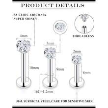 16G Internal Thread Flat Back Earrings Nose Studs 316L Surgical Steel Medusa Labret Monroe Lip Ring Tragus Forward Helix Conch Cartilage Lobe Earrings Stud Piercing Jewelry For Women Men{"Color_name":"Silver-ClearCZ"} - 銀-ClearCZ - 查看 3